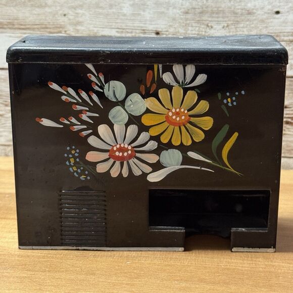 Vintage Wall Mount Metal Double Match Box Holder Dispenser Black Floral - Picture 1 of 12
